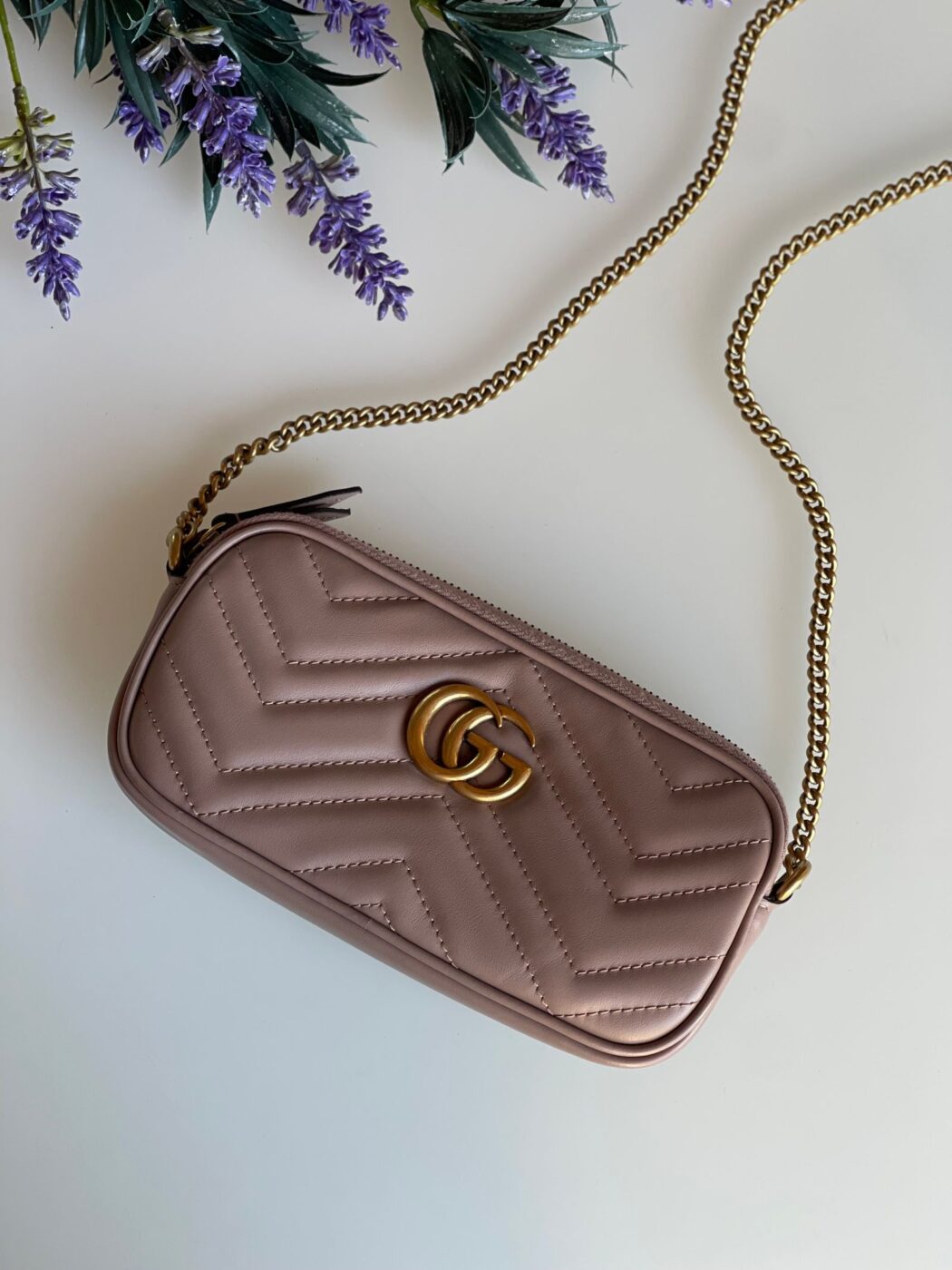 Gucci Calfskin Matelasse Mini GG Marmont Chain Crossbody Bag Porcelain Rose - Image 1