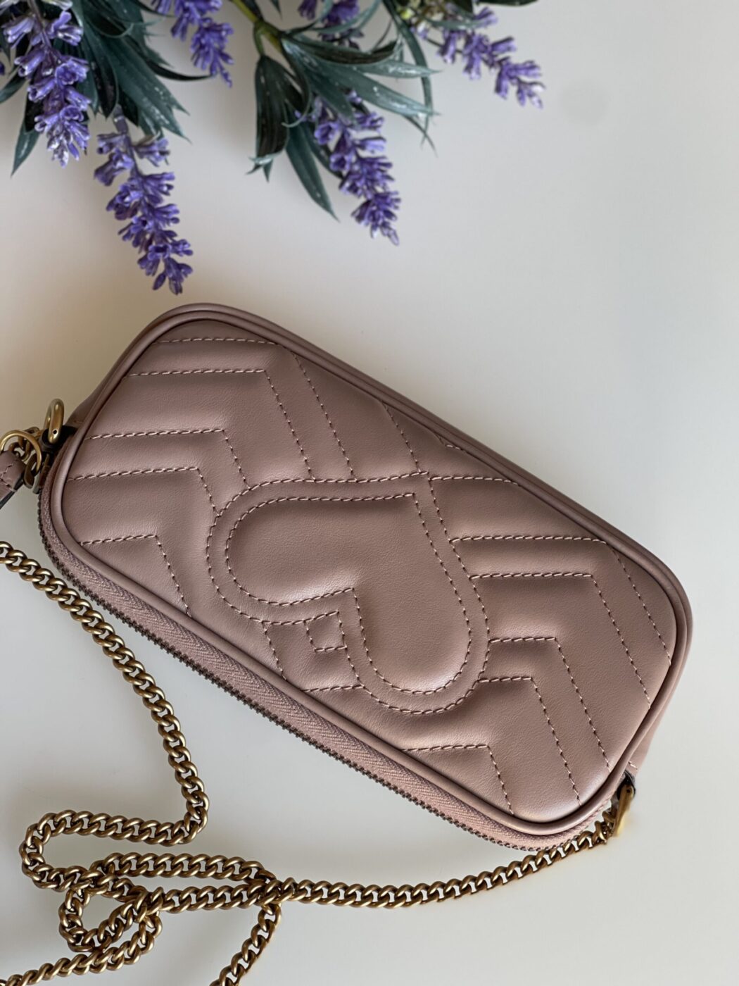 Gucci Calfskin Matelasse Mini GG Marmont Chain Crossbody Bag Porcelain Rose - Image 7