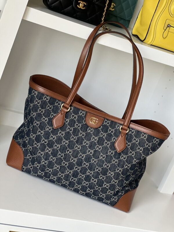 Gucci New Denim GG Monogram Medium Ophidia Shopping Tote Blue Tea Cuir