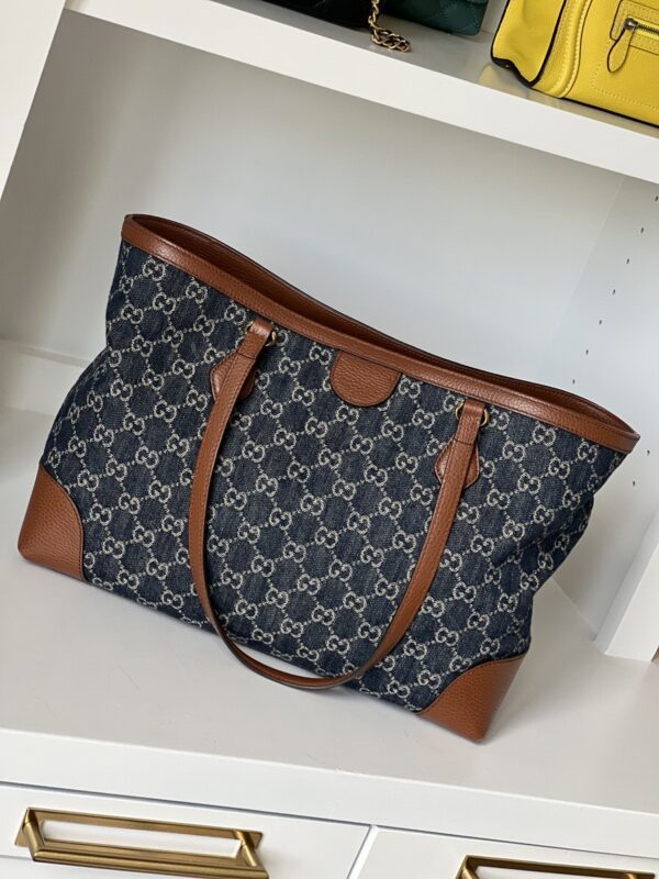 Gucci New Denim GG Monogram Medium Ophidia Shopping Tote Blue Tea Cuir - Image 4