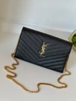 YSL Grain De Poudre Matelasse Chevron Monogram Chain Wallet Black