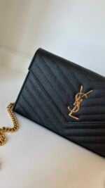 YSL Grain De Poudre Matelasse Chevron Monogram Chain Wallet Black - Image 2
