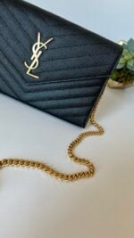 YSL Grain De Poudre Matelasse Chevron Monogram Chain Wallet Black - Image 3