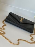 YSL Grain De Poudre Matelasse Chevron Monogram Chain Wallet Black - Image 4