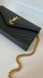 YSL Grain De Poudre Matelasse Chevron Monogram Chain Wallet Black - Image 5