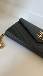 YSL Grain De Poudre Matelasse Chevron Monogram Chain Wallet Black - Image 6