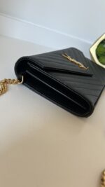 YSL Grain De Poudre Matelasse Chevron Monogram Chain Wallet Black - Image 7