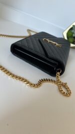 YSL Grain De Poudre Matelasse Chevron Monogram Chain Wallet Black - Image 8