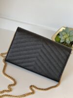 YSL Grain De Poudre Matelasse Chevron Monogram Chain Wallet Black - Image 9