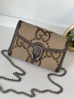 Gucci Monogram Jumbo GG Textured Dollar Calfskin Mini Dionysus Chain Wallet Camel Ebony New Acero