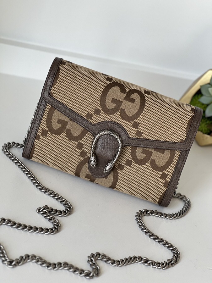IMG_5006 Gucci Monogram Jumbo GG Textured Dollar Calfskin Mini Dionysus Chain Wallet Camel Ebony New Acero - Image 1
