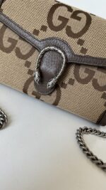 Gucci Monogram Jumbo GG Textured Dollar Calfskin Mini Dionysus Chain Wallet Camel Ebony New Acero - Image 2
