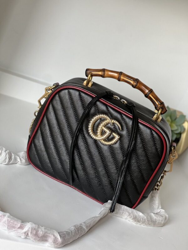 IMG_0567 Gucci Black Diagonal Quilted GG Leather Marmont Bamboo Top Handle Shoulder Bag - Image 1