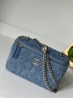 Chanel Blue Quilted Denim Heart Crush Long Vanity Case Silver Hardware