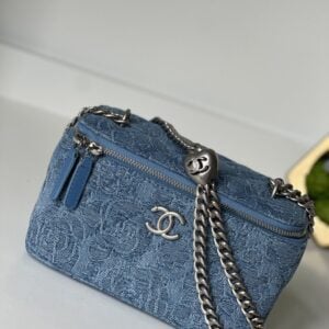 Chanel Blue Quilted Denim Heart Crush Long Vanity Case Silver Hardware