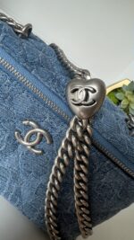 Chanel Blue Quilted Denim Heart Crush Long Vanity Case Silver Hardware - Image 3