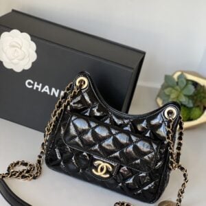 Shiny Crumpled Calfskin Quilted Small Wavy CC Hobo Black