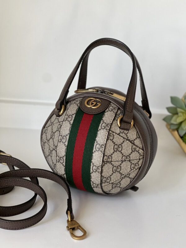 Gucci GG Supreme Monogram Textured Dollar Calfskin Web Mini Ophidia Basketball Shaped Shoulder Bag Beige Ebony New Acero