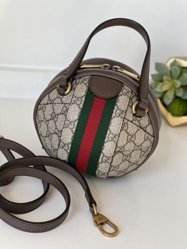 Gucci GG Supreme Monogram Textured Dollar Calfskin Web Mini Ophidia Basketball Shaped Shoulder Bag Beige Ebony New Acero - Image 5