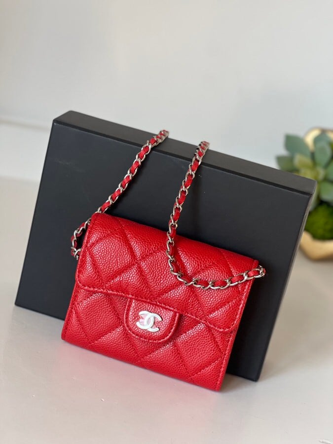 Chanel Flap Card Holder On Chain Red Caviar Crossbody - LVLENKA