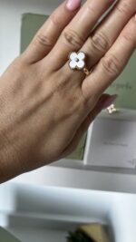 Van Cleef & Arpels 18K Yellow Gold Diamond Mother of Pearl Vintage Alhambra Ring 54 - Image 8