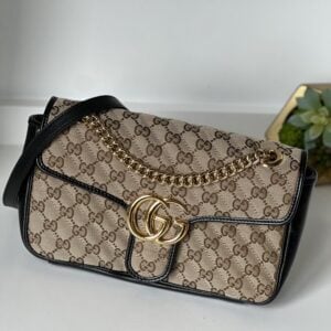 Gucci Monogram Matelasse Diagonal Small GG Marmont Shoulder Bag Beige Black
