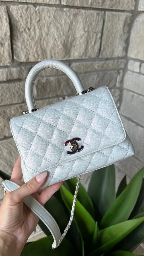 IMG_4399 Chanel Extra Mini Coco Top Handle Iridescent Blue Rainbow Hardware - Image 1