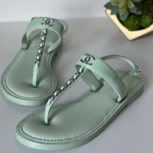 Chanel Lambskin Patent Chain CC Logo Thong Flat Sandals 38.5 Green