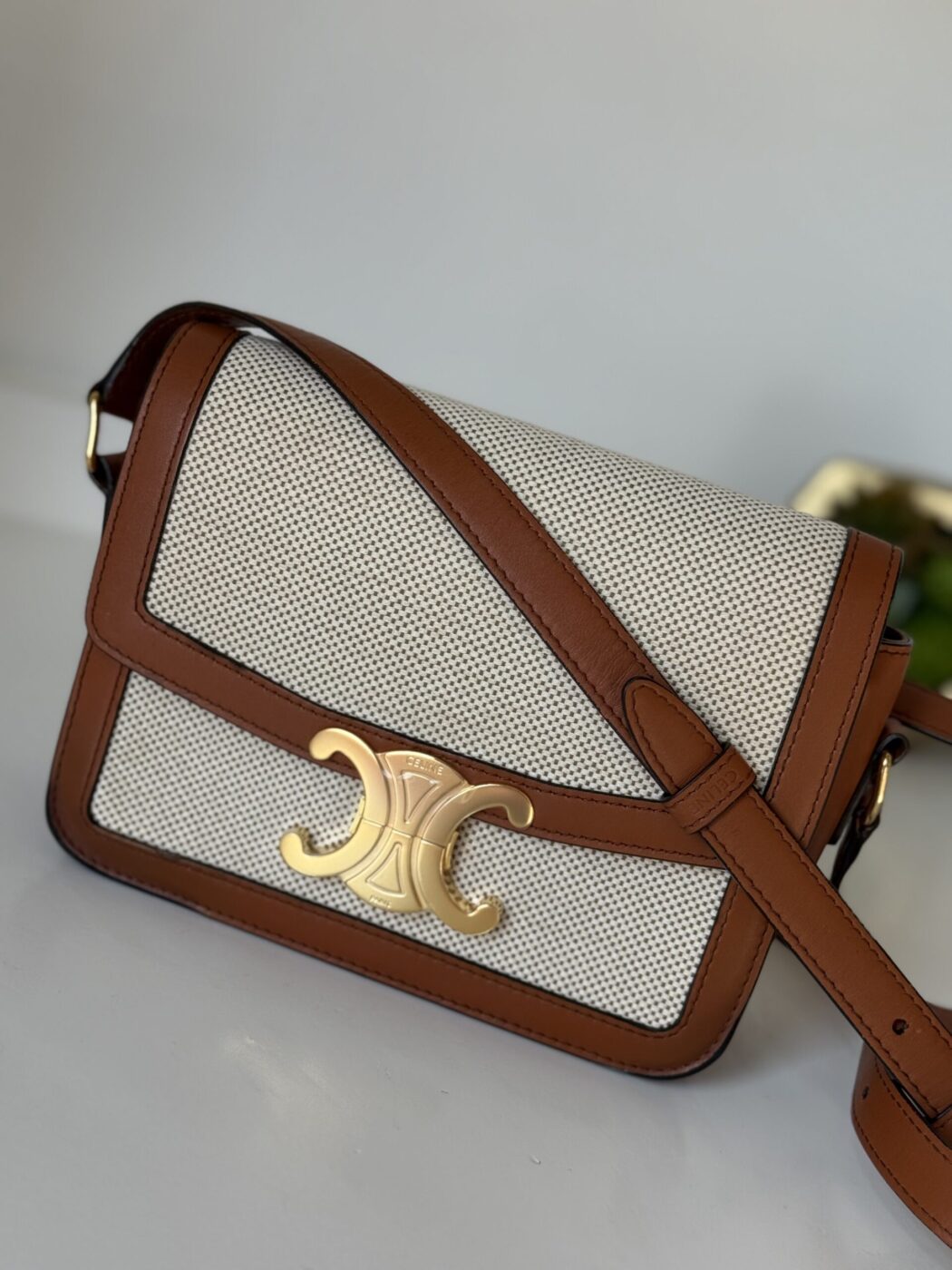 Celine Calfskin Classique Triomphe Bag White Tan - Image 2