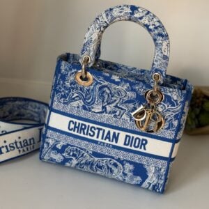 Christian Dior Canvas Toile De Jouy Reverse Embroidered Medium Lad D-Lite Fluorescent Blue