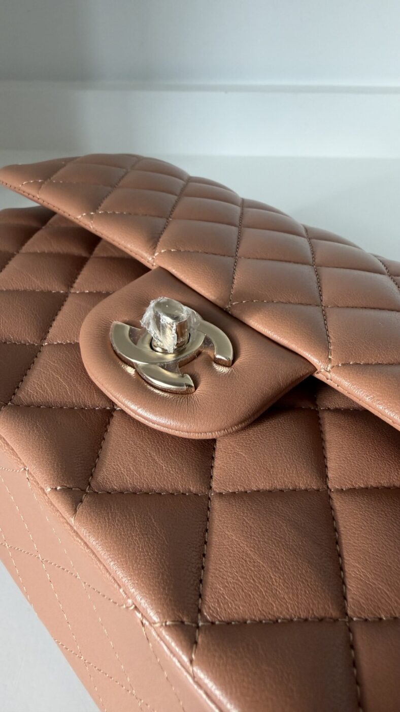Chanel Medium Classic Double Flap Bag 22S Caramel Lambskin Light Gold Hardware - Image 9