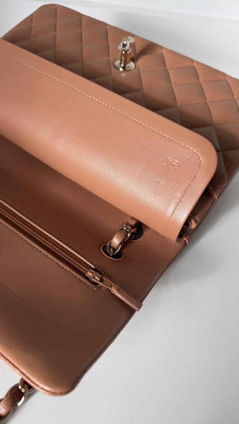 Chanel Medium Classic Double Flap Bag 22S Caramel Lambskin Light Gold Hardware - Image 10