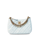 Chanel Small Quilted Lambskin Logo Chain Light Blue Crossbody