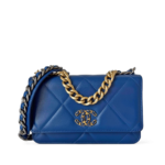 Chanel Shiny Goatskin Quilted Chanel 19 Wallet On Chain WOC Blue MHW