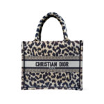 Christian Dior Canvas Mizza Embroidered Small Leopard Book Tote Beige