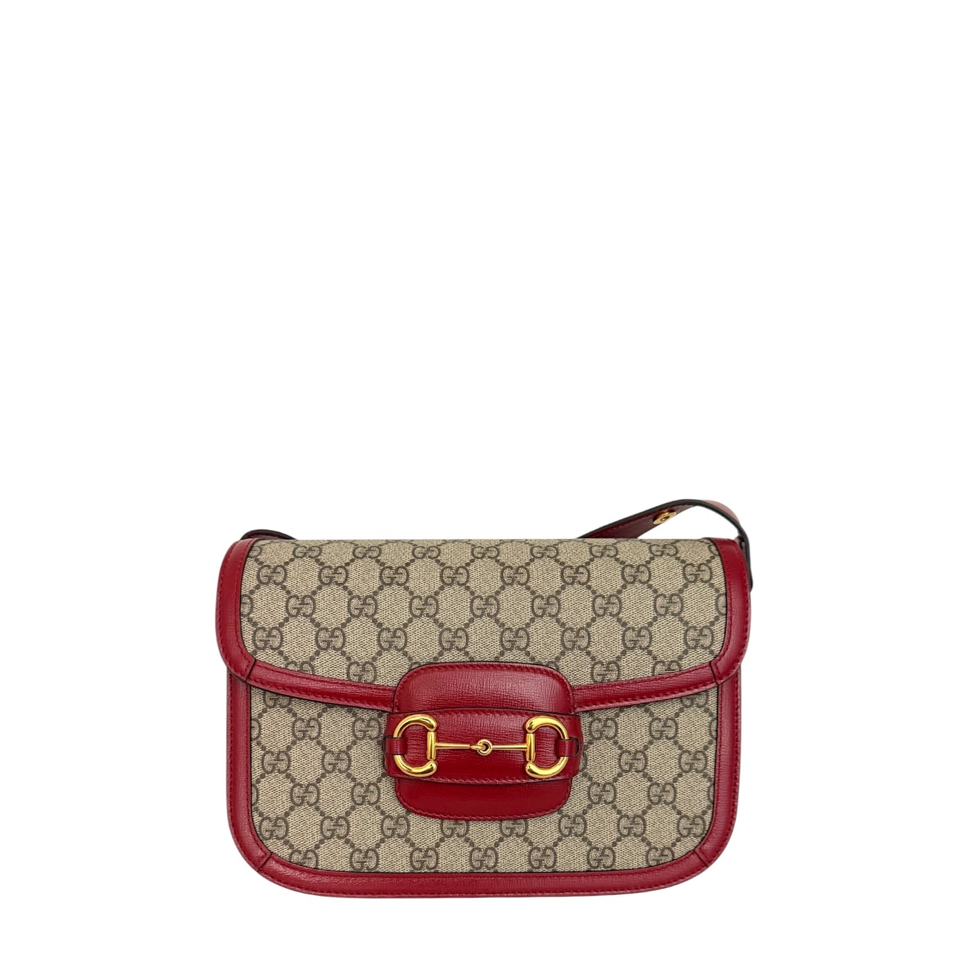 7229A6 Gucci GG Supreme Monogram Azalea Calfskin Horsebit 1955 Shoulder Bag Beige Ebony New Cherry Red - Image 1